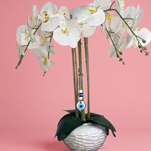White Silk Phalaenopsis Orchid Arrangement with Blue Eye Charm